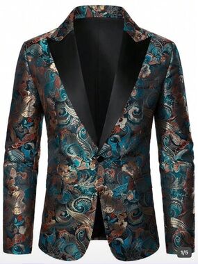 Teal & Bronze Floral Jacquard Blazer with Black Satin Lapel